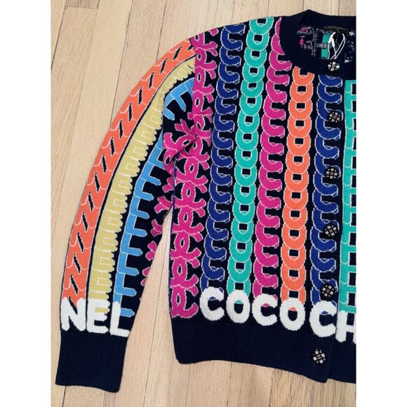Chanel 21K Blue Rainbow Letter Logo CC Button Long Sleeve Cardigan Sweater 36 - Picture 5 of 15